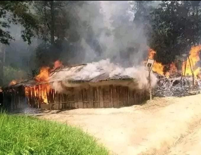A burning West Papuan honai (traditional house) said to have been set alight by Indonesian troops