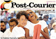 Today's PNG Post-Courier front page featuring the final farewell to the late former prime minister Sir Rabbie Namaliu