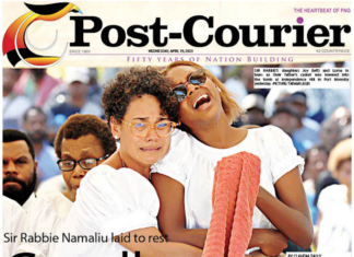 Today's PNG Post-Courier front page featuring the final farewell to the late former prime minister Sir Rabbie Namaliu