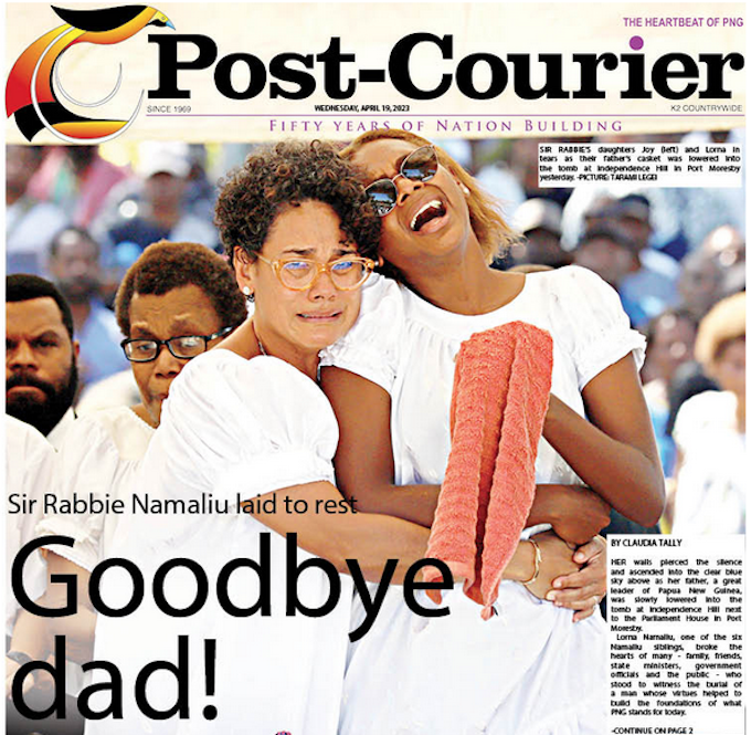 Today's PNG Post-Courier front page featuring the final farewell to the late former prime minister Sir Rabbie Namaliu