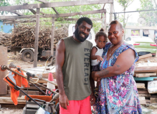 Frederica Atavi (right) with her son and husband Tom of Sisead village