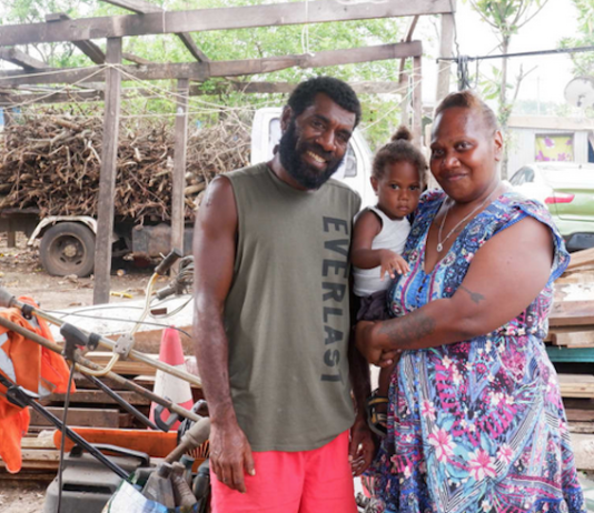 Frederica Atavi (right) with her son and husband Tom of Sisead village
