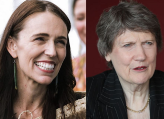 Former NZ prime ministers Jacinda Ardern (left) and Helen Clark