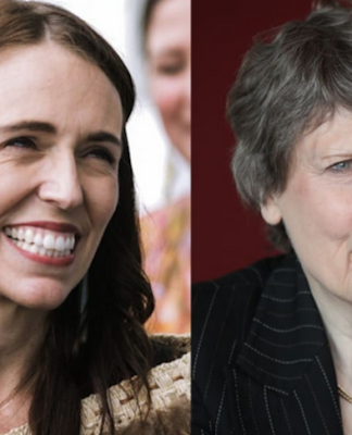 Former NZ prime ministers Jacinda Ardern (left) and Helen Clark