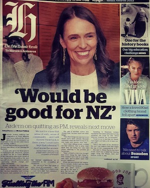 Former PM Jacinda Ardern on the front page of the New Zealand Herald today