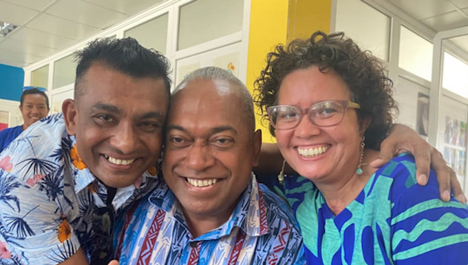 Reporter Rakesh Kumar (from left) and chief editor Fred Wesley from The Fiji Times, and editor Samantha Magick of Islands Business