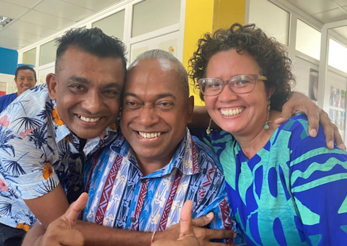 Reporter Rakesh Kumar (from left) and chief editor Fred Wesley from The Fiji Times, and editor Samantha Magick of Islands Business