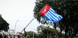 A lone protester raises the Morning Star flag of West Papua
