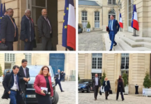 The pro-independence Kanak delegates (top left) and the anti-independence delegates (bottom left) met French Prime Minister Elisabeth Borne in Paris