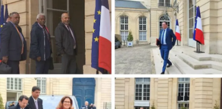 The pro-independence Kanak delegates (top left) and the anti-independence delegates (bottom left) met French Prime Minister Elisabeth Borne in Paris