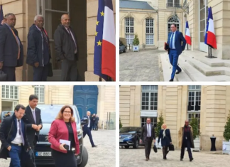 The pro-independence Kanak delegates (top left) and the anti-independence delegates (bottom left) met French Prime Minister Elisabeth Borne in Paris