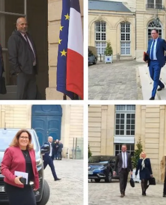 The pro-independence Kanak delegates (top left) and the anti-independence delegates (bottom left) met French Prime Minister Elisabeth Borne in Paris