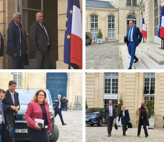 The pro-independence Kanak delegates (top left) and the anti-independence delegates (bottom left) met French Prime Minister Elisabeth Borne in Paris