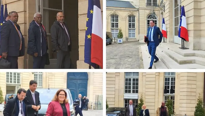 The pro-independence Kanak delegates (top left) and the anti-independence delegates (bottom left) met French Prime Minister Elisabeth Borne in Paris
