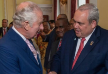 PNG Foreign Minister Justin Tkatchenko (right) - who has "stepped aside" - meets King Charles III