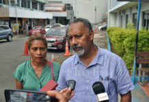 People's Alliance party general secretary Sakiasi Ditoka and party deputy leader Lynda Tabuya speaking to news media