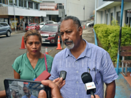 People's Alliance party general secretary Sakiasi Ditoka and party deputy leader Lynda Tabuya speaking to news media