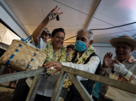 Pro-independence leader and former president of French Polynesia Oscar Temaru celebrates victory