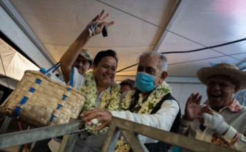 Pro-independence leader and former president of French Polynesia Oscar Temaru celebrates victory