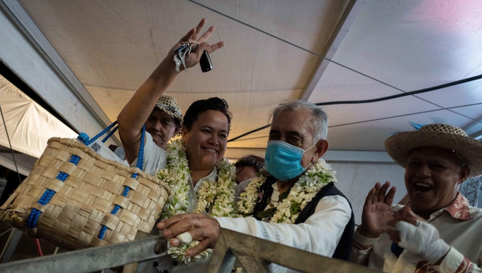 Pro-independence leader and former president of French Polynesia Oscar Temaru celebrates victory