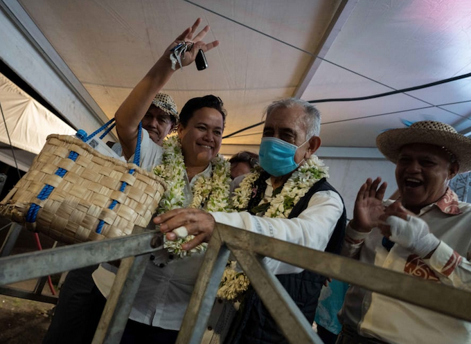 Pro-independence leader and former president of French Polynesia Oscar Temaru celebrates victory