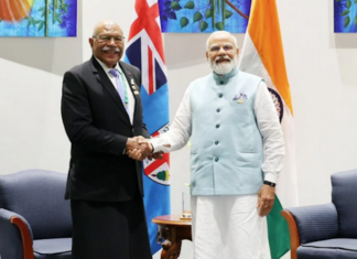Fiji Prime Minister Sitiveni Rabuka and his Indian counterpart Narendra Modi in Port Moresby