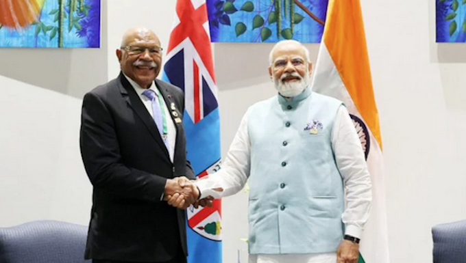 Fiji Prime Minister Sitiveni Rabuka and his Indian counterpart Narendra Modi in Port Moresby