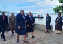 Fiji's President Ratu Wiliame Katonivere (front centre) arrrives on Bau Island