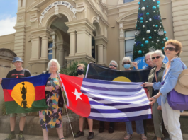"Unfree flags" . . . Kanaky New Caledonia (from left), West Papua and Aboriginal.