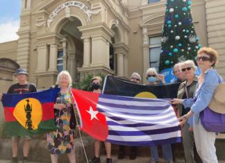 "Unfree flags" . . . Kanaky New Caledonia (from left), West Papua and Aboriginal.