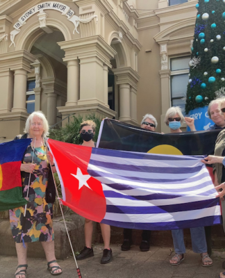 "Unfree flags" . . . Kanaky New Caledonia (from left), West Papua and Aboriginal.
