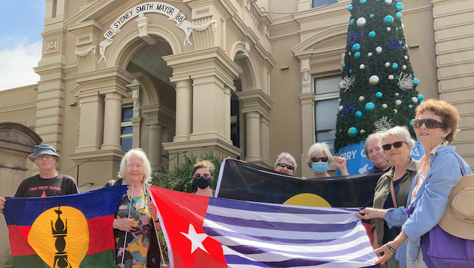 "Unfree flags" . . . Kanaky New Caledonia (from left), West Papua and Aboriginal.
