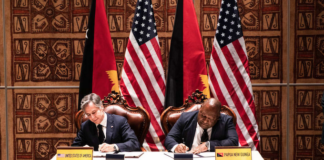 US Secretary of State Antony Blinken and PNG Prime Minister James Marape sign the US-PNG Defence Cooperation pact in Port Moresby 22May23