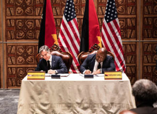 US Secretary of State Antony Blinken and PNG Prime Minister James Marape sign the US-PNG Defence Cooperation pact in Port Moresby 22May23