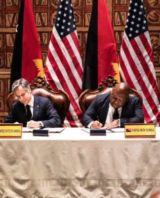 US Secretary of State Antony Blinken and PNG Prime Minister James Marape sign the US-PNG Defence Cooperation pact in Port Moresby 22May23