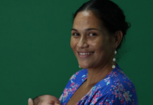 Tahitian anti-nuclear activist Hinamoeura Cross and her baby Marunui