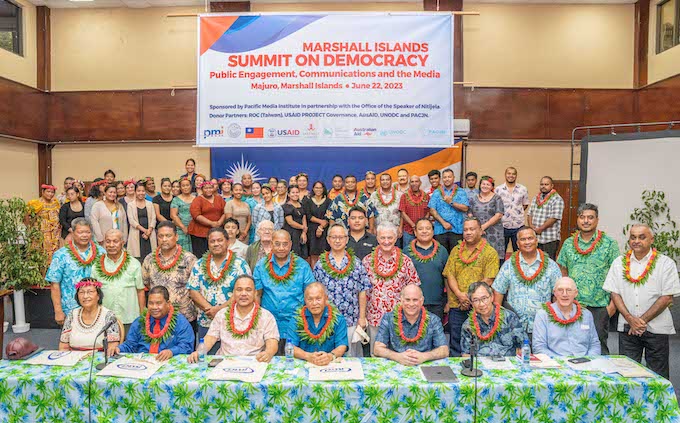 Marshall Islands President David Kabua (seated centre) at the opening of the Summit on Democracy