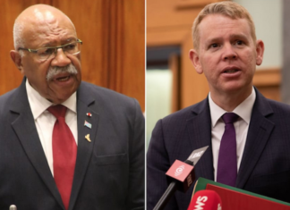 Prime Ministers Sitiveni Rabuka of Fiji (left) and Chris Hipkins of New Zealand
