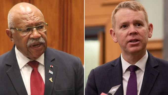 Prime Ministers Sitiveni Rabuka of Fiji (left) and Chris Hipkins of New Zealand