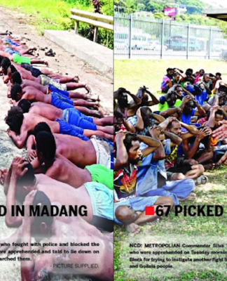 PNG police swoop . . . 34 suspects arrested in Madang (left) and 67 in Port Moresby