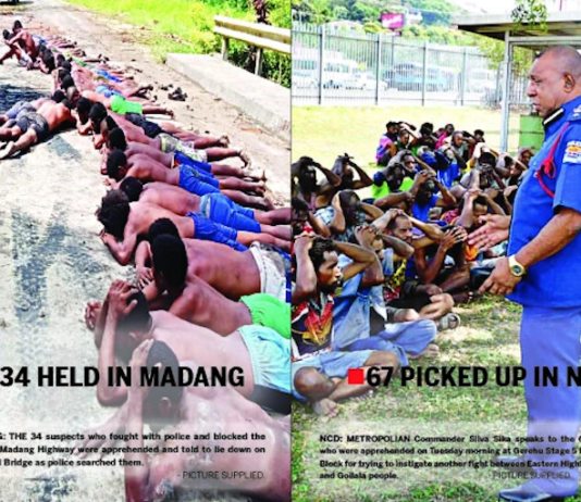 PNG police swoop . . . 34 suspects arrested in Madang (left) and 67 in Port Moresby