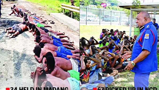 PNG police swoop . . . 34 suspects arrested in Madang (left) and 67 in Port Moresby