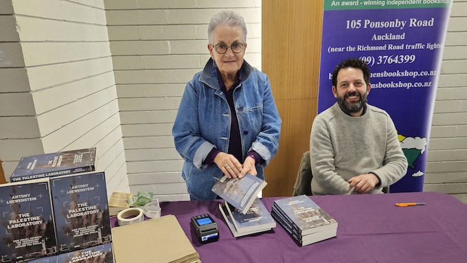 The Women's Bookshop's Carole Beu with author Antony Loewenstein 