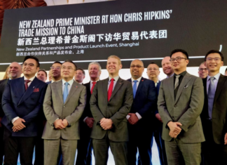 NZ Prime Minister Chris Hipkins and the trade delegation at the product launch in Beijing