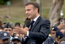 French President Emmanuel Macron speaking in Noumea today