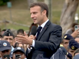 French President Emmanuel Macron speaking in Noumea today
