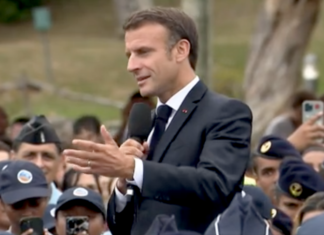 French President Emmanuel Macron speaking in Noumea today