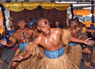 Fiji Navy officers perform a meke during the Fiji Navy Day celebrations at Stanley Brown Naval Base in Walu Bay, Suva, on 27 July 2023