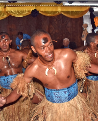 Fiji Navy officers perform a meke during the Fiji Navy Day celebrations at Stanley Brown Naval Base in Walu Bay, Suva, on 27 July 2023