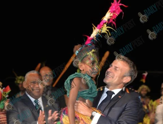 French President Emmanuel Macron with the New Caledonia territorial President Louis Mapou